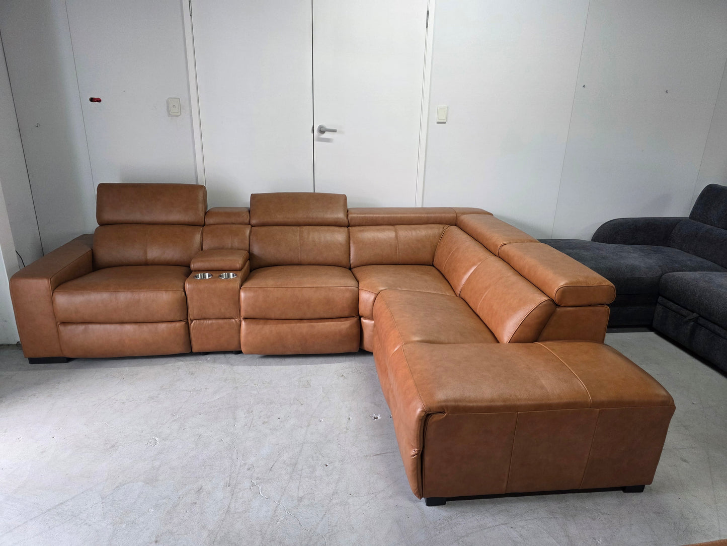 Valencia Tan Leather lounge with Electric Recliners and Chaise