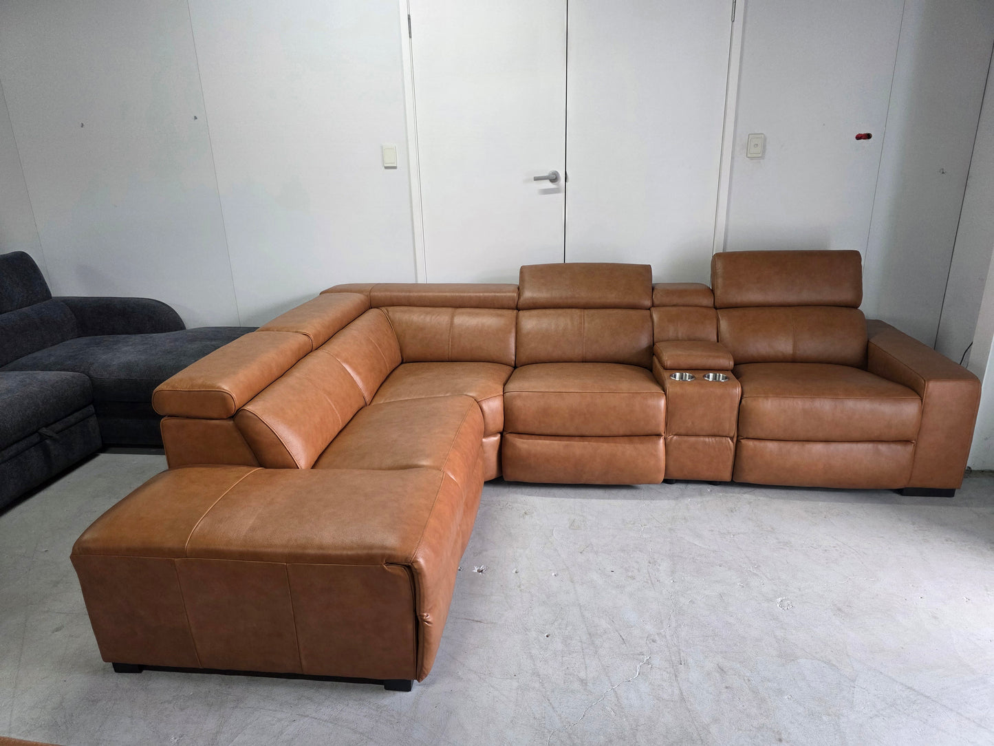 Valencia Tan Leather lounge with Electric Recliners and Chaise
