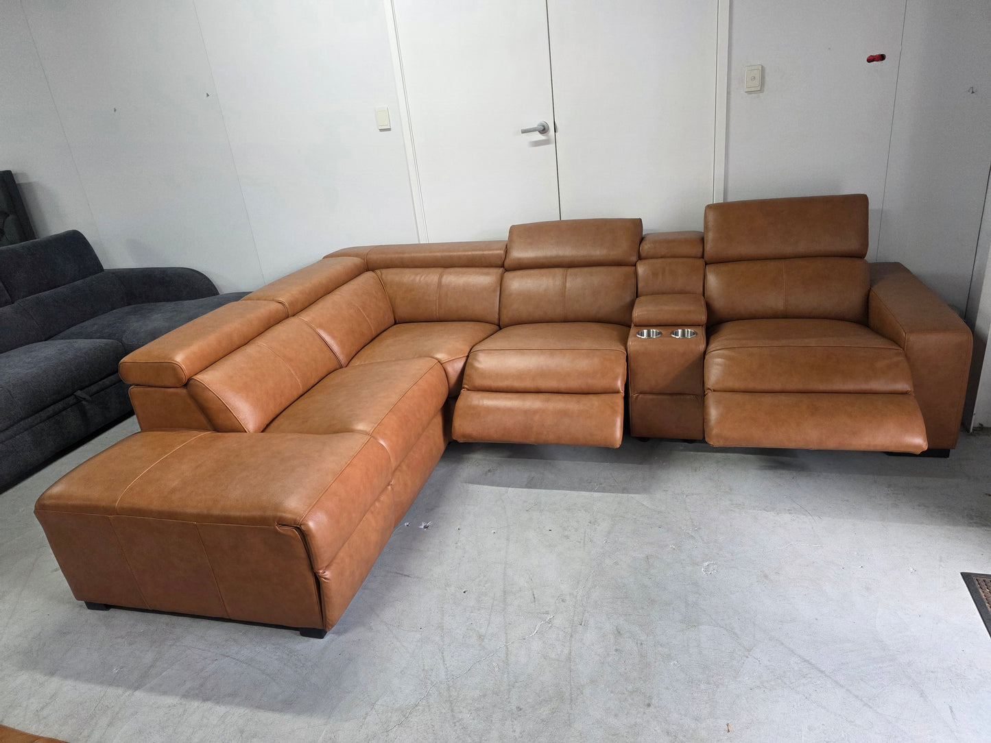 Valencia Tan Leather lounge with Electric Recliners and Chaise