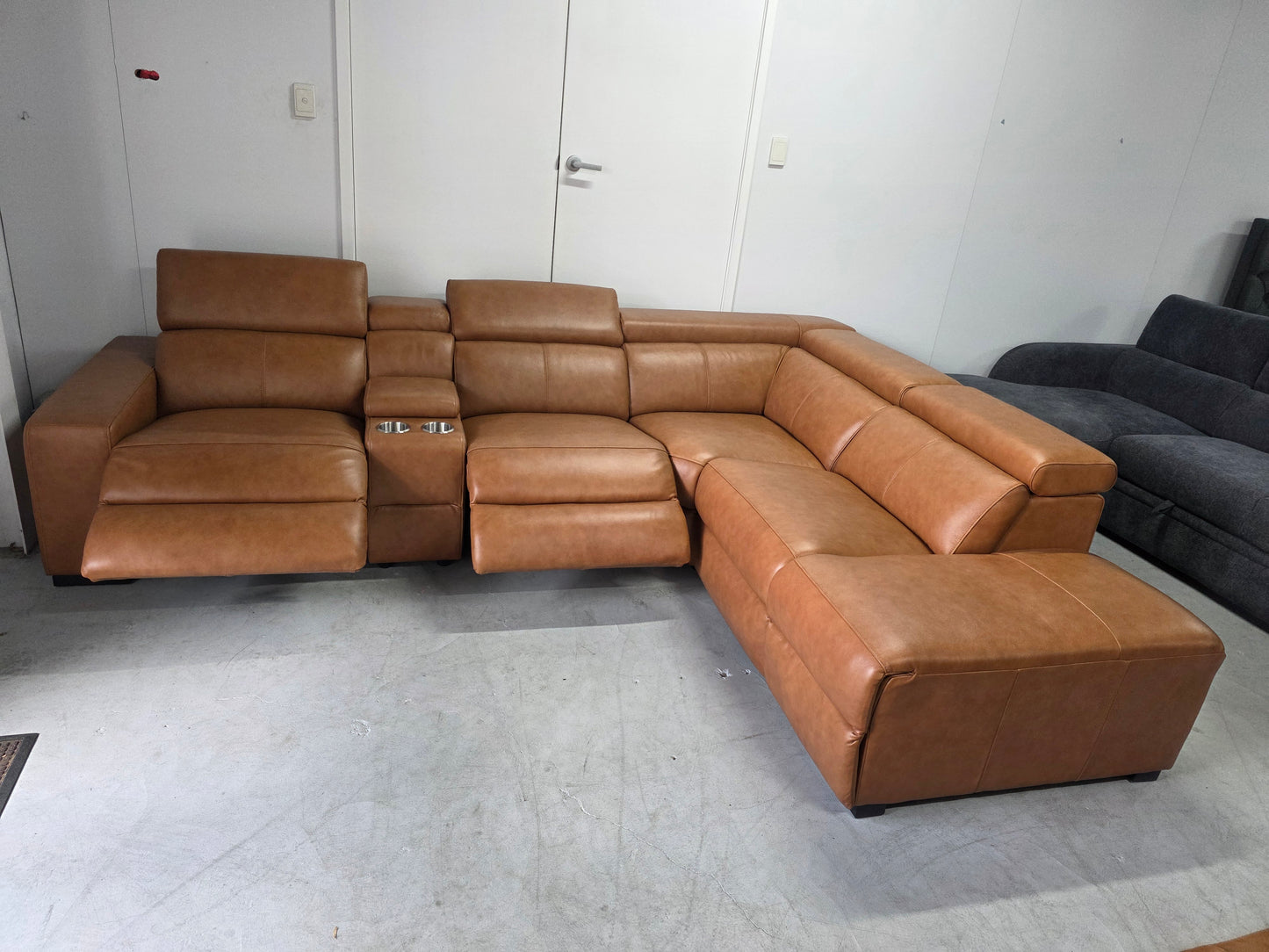 Valencia Tan Leather lounge with Electric Recliners and Chaise