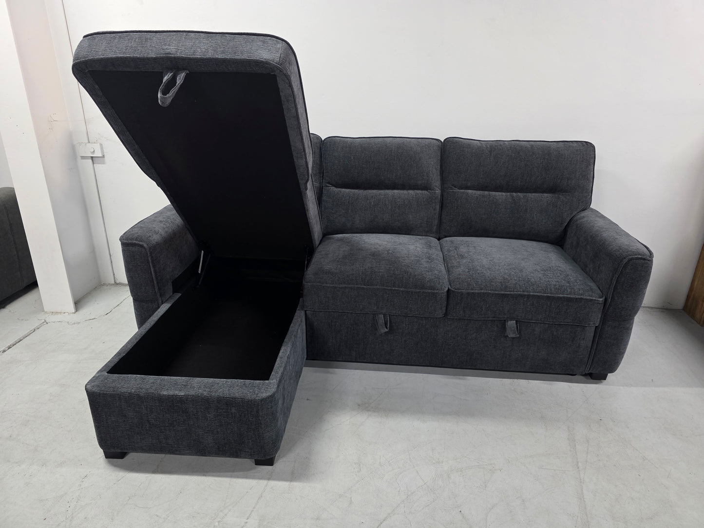 Kira Corner Lounge with Chaise: Modern Design with Smart Storage and Sofa Bed